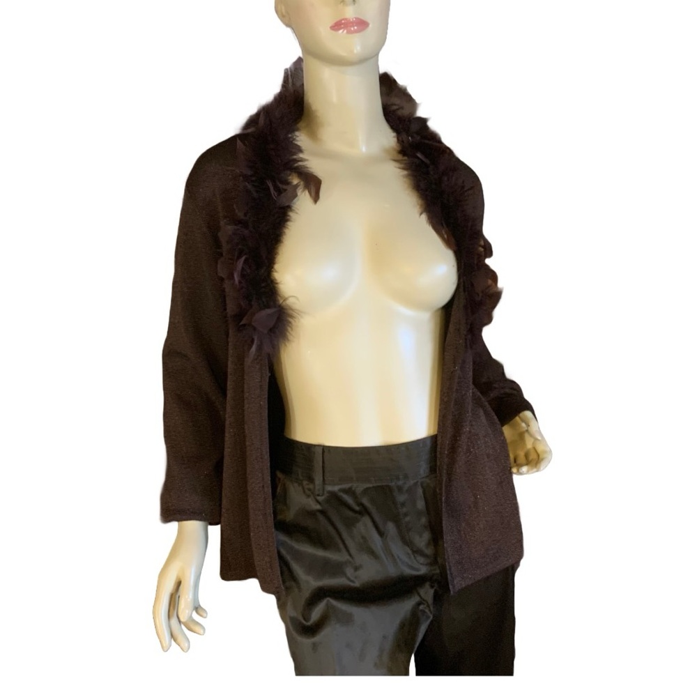 VINTAGE Y2K DRESSBARN BROWN W/METALLIC THREAD CARDIGAN W/FAUX FEATHER COLLAR (M) - Picture 7 of 14